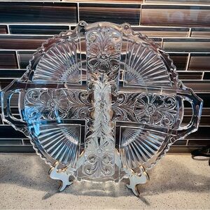 Indiana Glass Vintage Killarney Clear Cross Serving Dish Double Handle
